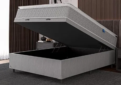 Cama box baú casal cinza com tampa aberta